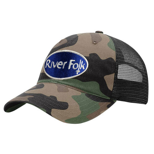 River Folk Fishtail Trucker Hat  Army Green Camo/Black